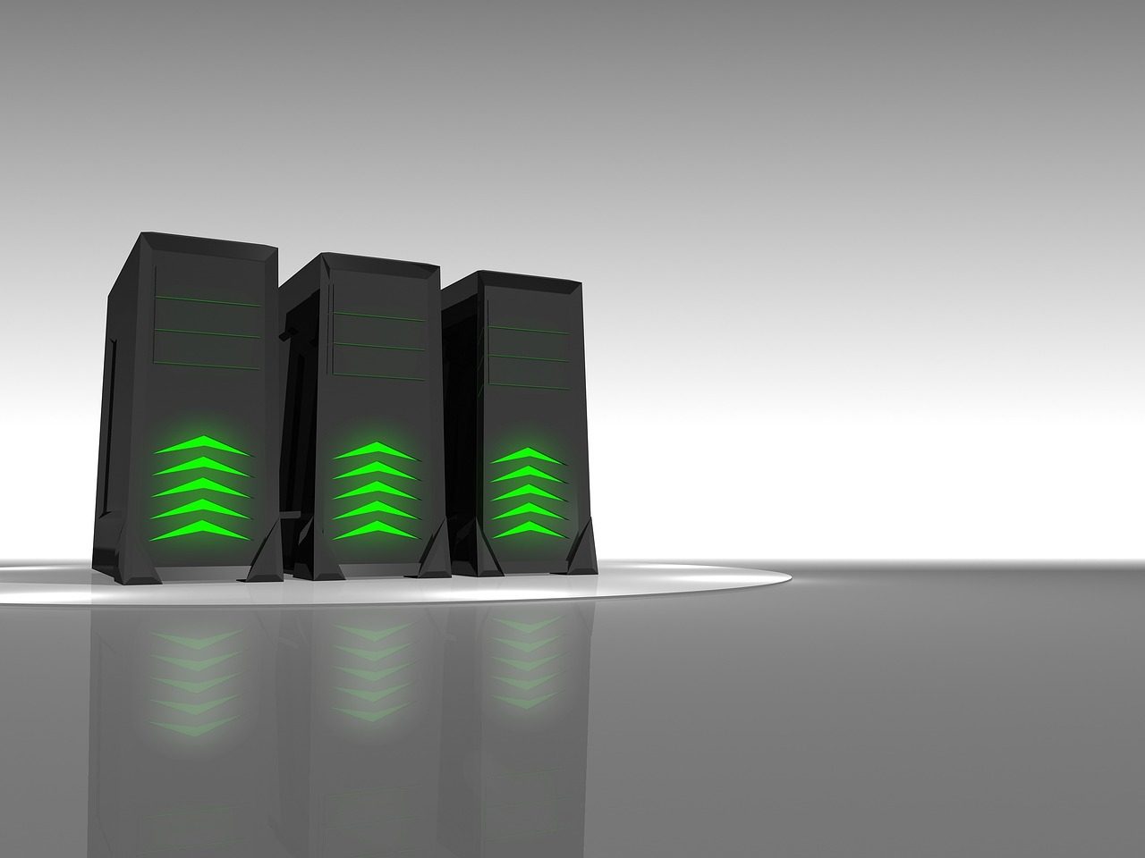 Three black server towers with glowing green upward arrow indicators